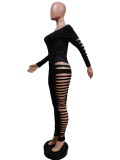 Solid Slash Neck Long Sleeve Hole Jumpsuit MEM-88416