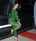 Solid Slash Neck Long Sleeve Hole Jumpsuit MEM-88416