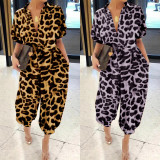 Leopard Print Short Sleeve Sashes Jumpsuit NY-8893