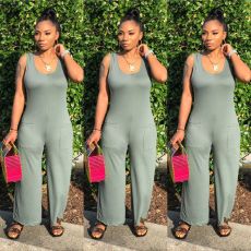 Plus Size Solid Sleeveless Wide Leg Jumpsuit NY-8839