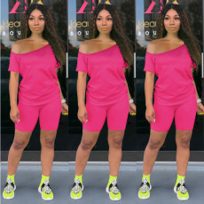 Plus Size Solid Slash Neck Two Piece Shorts Set NY-8909