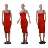 PU Leather Spaghetti Strap Club Midi Dress NY-8418
