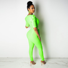 Solid V Neck Two Piece Pants Set NY-8781