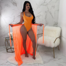 Solid Bodysuit+Mesh Long Skirt Beach 2 Piece Sets NY-8596