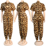 Leopard Print Short Sleeve Sashes Jumpsuit NY-8893