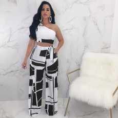 Geometric Print One Shoulder Wide Leg Pants 2 Piece Sets NY-6002