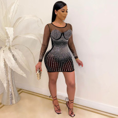 Sexy Mesh Hot Drilling Long Sleeve Night Club Dress LSD-82001