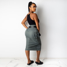 Solid High Waist Drawstring Midi Skirt HNIF-075