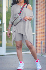Plus Size Solid Long Sleeve Top+Shorts 2 Piece Sets NY-2012