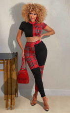 Plaid Patchwork Short Sleeve Two Piece Pants Set BYMF-68888