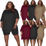 Plus Size Solid Irregular Top And Shorts 2 Piece Sets JRF-3673