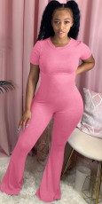 Solid Short Sleeve O Neck Flared Jumpsuit NY-2014