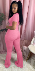 Solid Short Sleeve O Neck Flared Jumpsuit NY-2014