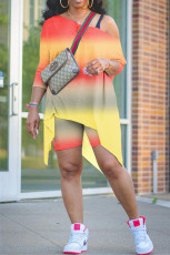 Plus Size Tie Dye Long Sleeve Top+Shorts 2 Piece Sets NY-2017