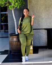 Plus Size Solid Slash Neck Two Piece Pants Set TK-6219