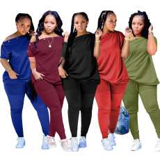 Plus Size Solid Slash Neck Two Piece Pants Set TK-6219