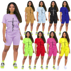 Letter Print T Shirt And Shorts Two Piece Sets TE-2031