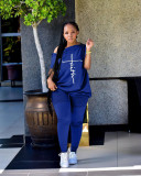 Plus Size Letter Short Sleeve Slash Neck 2 Piece Sets TK-6220