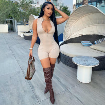 Solid Ribbed Sleeveless Zipper Tight Romper YIM-242
