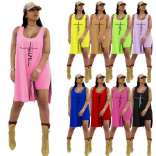 Plus Size Letter Print Sleeveless Loose Top+Shorts 2 Piece Sets TE-2032