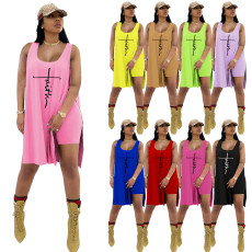 Plus Size Letter Print Sleeveless Loose Top+Shorts 2 Piece Sets TE-2032