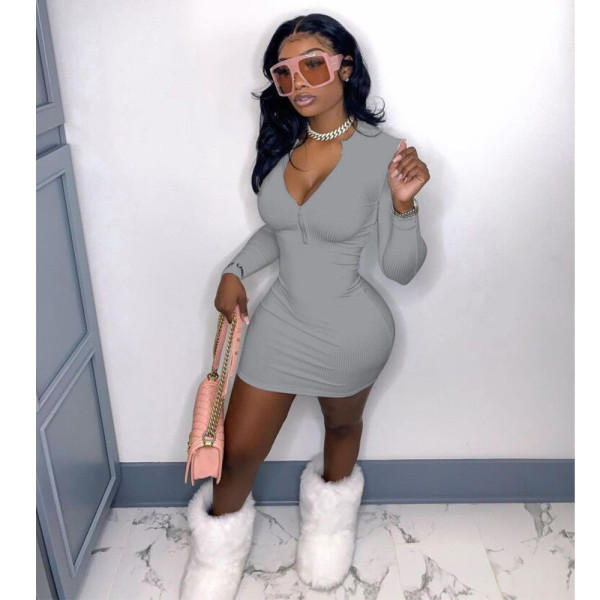 Solid Long Sleeve Zipper Slim Mini Dress GCNF-3337