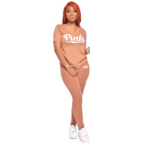 Pink Letter Print V Neck T Shirt And Pants 2 Piece Sets GCNF-0158