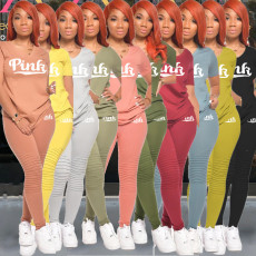 Pink Letter Print V Neck T Shirt And Pants 2 Piece Sets GCNF-0158