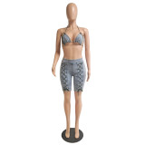 Denim Bra Top+Bandage Jeans Shorts 2 Piece Sets GCNF-0093