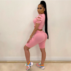 Solid Hole T Shirt And Shorts Two Piece Sets GCNF-0126
