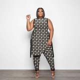 Plus Size Printed Split Sleeveless Top And Pants Set PHF-13268