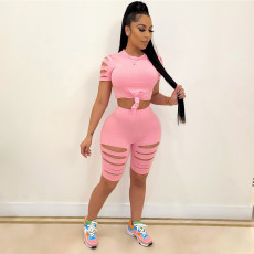 Solid Hole T Shirt And Shorts Two Piece Sets GCNF-0126