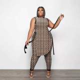 Plus Size Printed Split Sleeveless Top And Pants Set PHF-13268