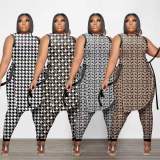 Plus Size Printed Split Sleeveless Top And Pants Set PHF-13268