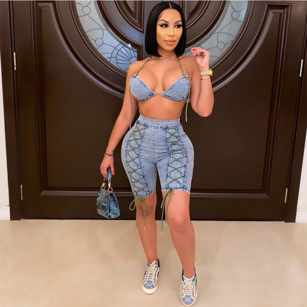 Denim Bra Top+Bandage Jeans Shorts 2 Piece Sets GCNF-0093