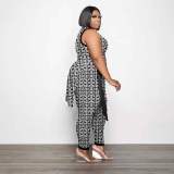 Plus Size Printed Split Sleeveless Top And Pants Set PHF-13268