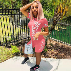 Plus Size PINK Letter Print Short Sleeve Shorts Two Piece Sets XMF-100