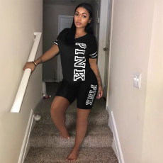 Plus Size PINK Letter Print Short Sleeve Shorts Two Piece Sets XMF-100