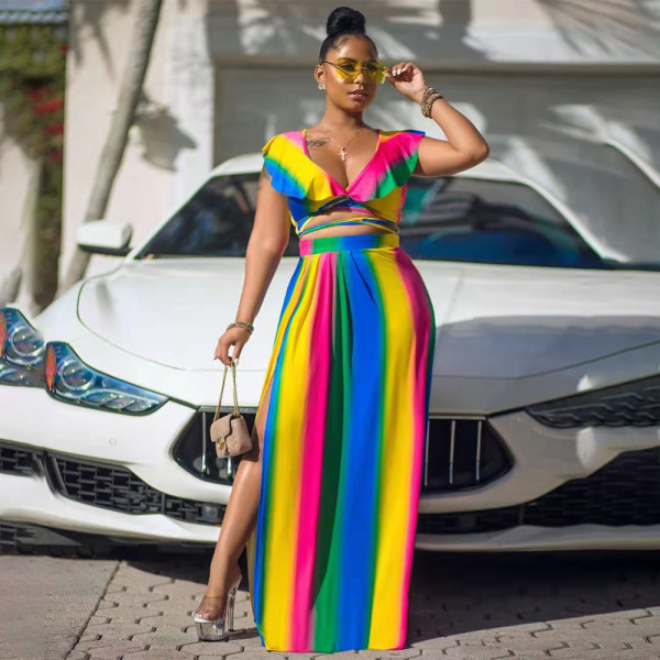 Plus Size Printed Ruffled Crop Top Split Maxi Skirt 2 Piece Sets WPF-P80438