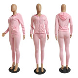 Solid Hooded Zipper Two Piece Pants Set GCNF-0049