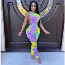 Plus Size Tie Dye Sleeveless Top+Pants Two Piece Sets GCNF-0044