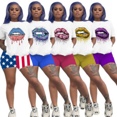 Plus Size Lip Print T Shirt And Shorts 2 Piece Sets GCNF-0025