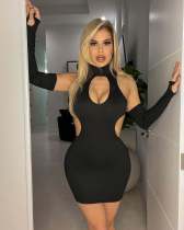 Black Sexy Backless Hollow Out Mini Club Dress (With Sleeves) JH-292