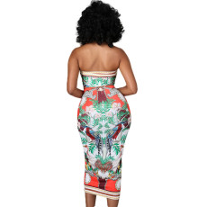 Sexy Print Smocked Lace-up Tube Top Skirt Suits GDYF-6670