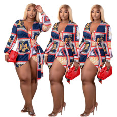 Plus Size Print Sexy V-Neck Tie Up Mini Dress GDYF-6669