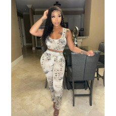 Print Slim Tank Top And Hem Split Pants Two Piece Sets GDYF-6658