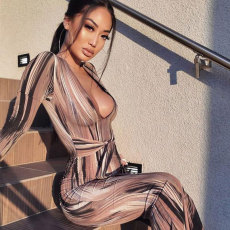 Plus Size Printed Long Sleeve Sashes Maxi Dress OSIF-2105