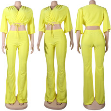 Yellow V Neck Crop Top And Pants 2 Piece Sets NY-2336