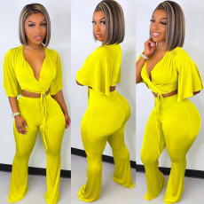 Yellow V Neck Crop Top And Pants 2 Piece Sets NY-2336