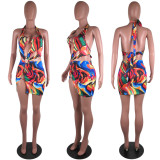 Sexy Printed Halter Hollow Out Mini Club Dress GCNF-0001